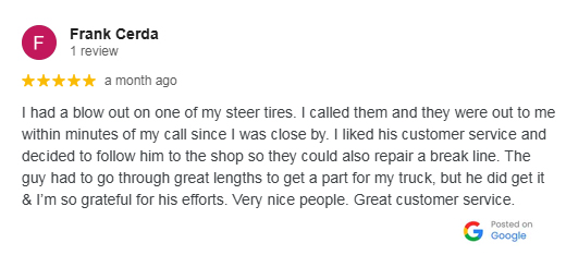 google testimonials 2 - Frank cendra JDS truck tire houston