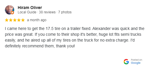 google testimonials 3 - Hiram oliver JDS truck tire houston